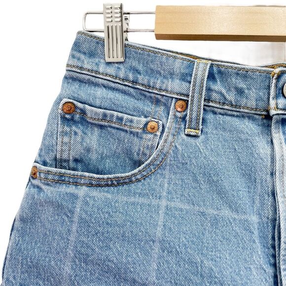 Levi’s Premium Ribcage Shorts Sz 29 Jive Windowpane High Rise Raw Hem Denim Blue - Picture 6 of 12